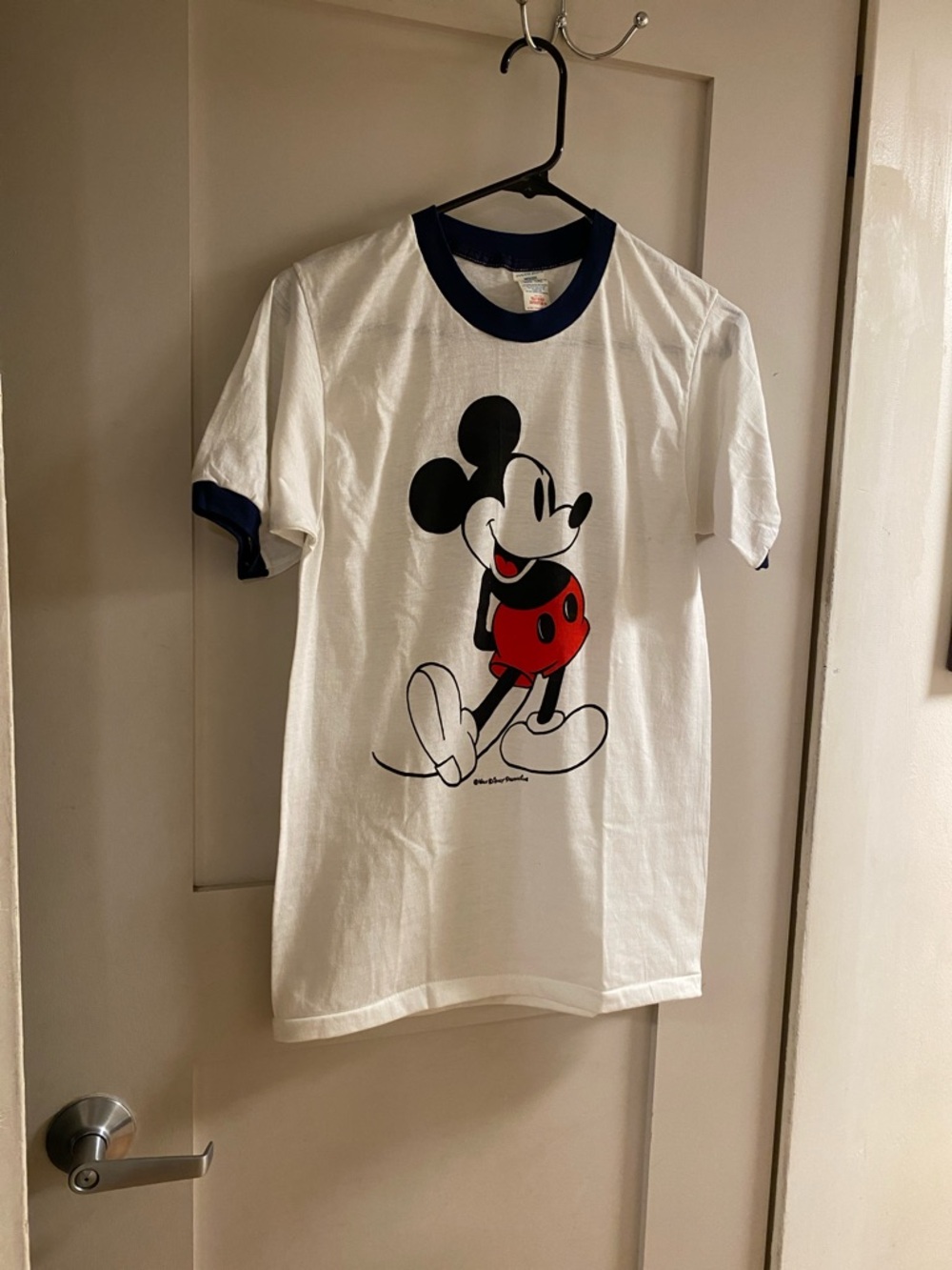 Disney 70s vintage White Short Sleeve Tee with Navy Trim and Red Mickey Graphic